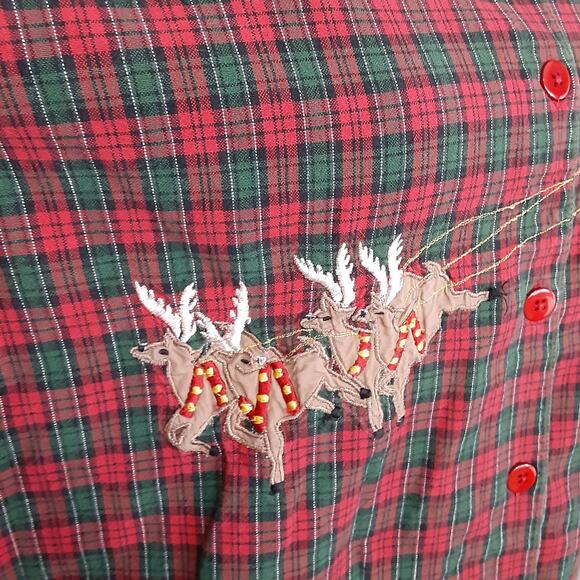 Vintage 90s Santa Claus Embroidered Button Up Shirt Red Plaid Christmas Womens L - Picture 7 of 12